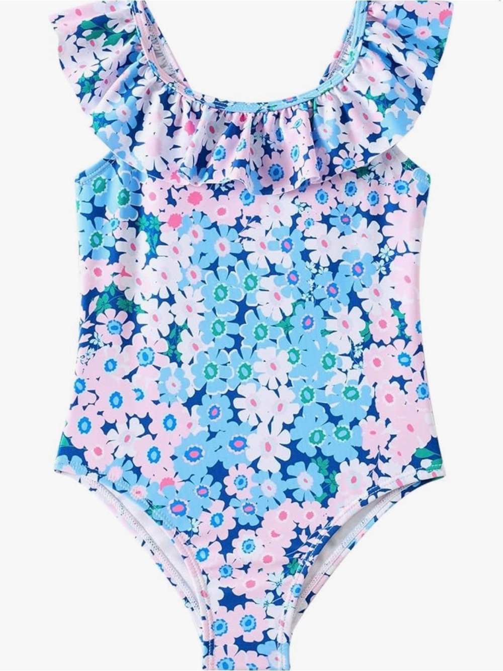 Girls' Floral Ruffle One-Piece Swimsuit - Blue/Pink